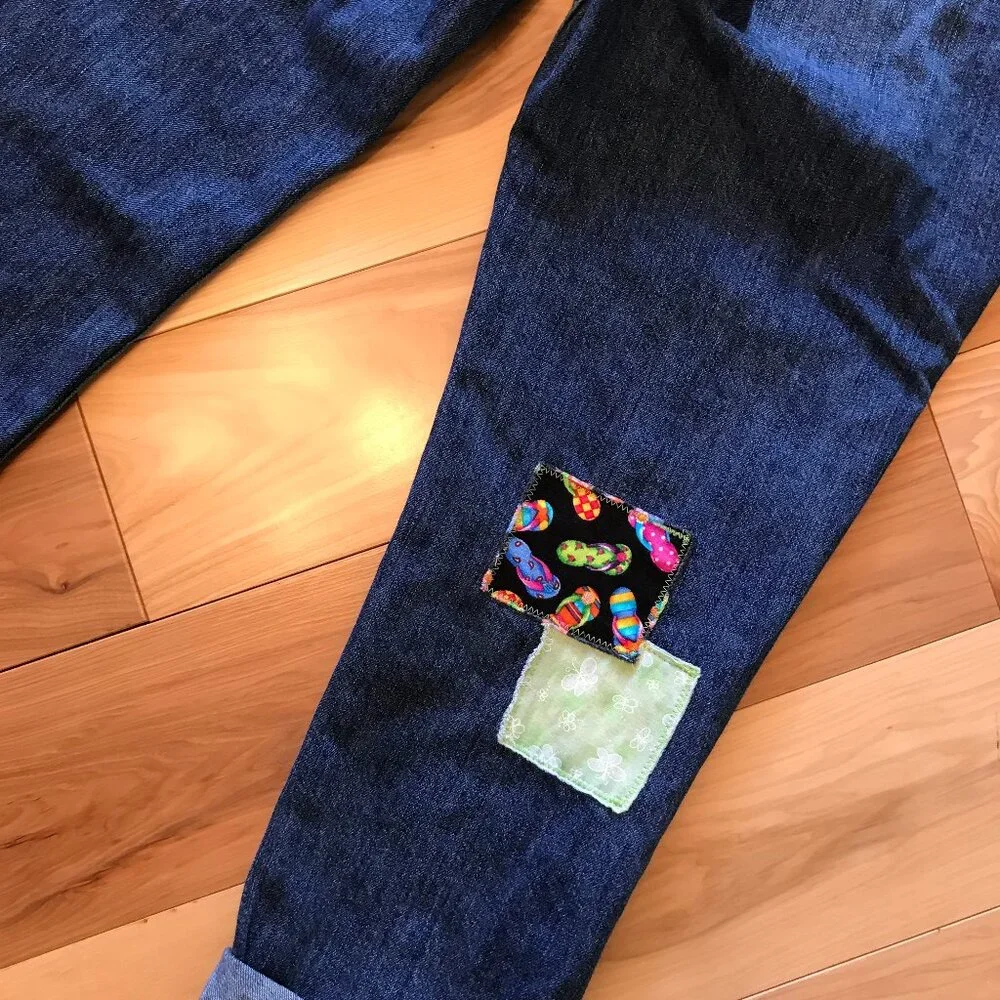 Patchwork Denim Capri Pants, Upcycled Gap Summer Patch Cropped Jeans 30 Waist